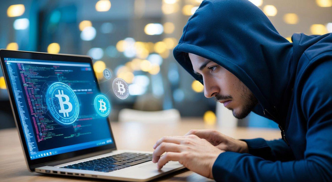 A hacker stealing Bitcoin from a digital wallet using a laptop and a complex code-breaking software