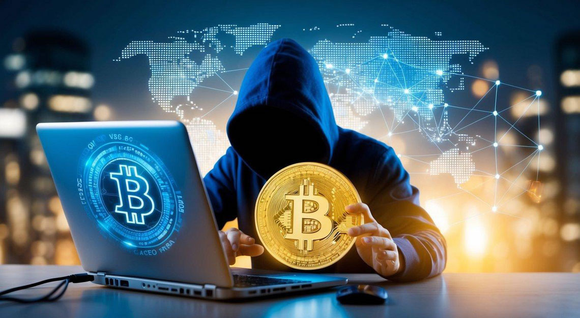 A hacker breaking into a digital wallet with a Bitcoin symbol, while a blockchain network is shown being compromised in the background