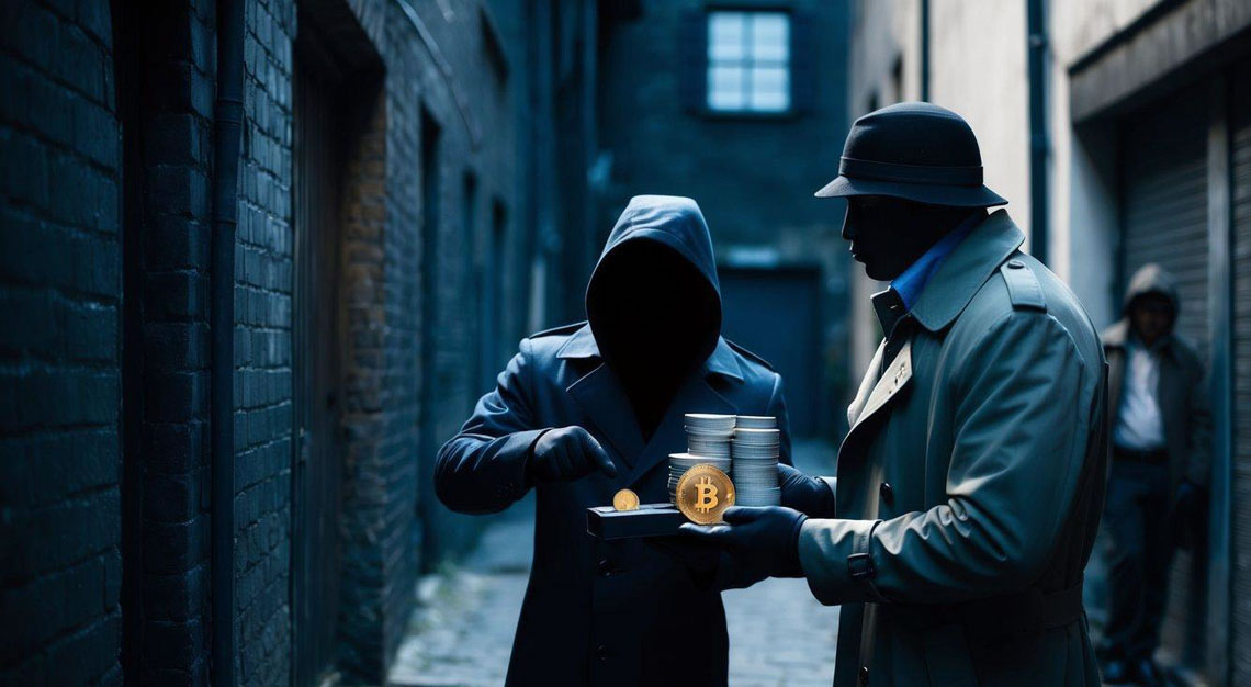 A dark alley with a shadowy figure exchanging Bitcoin for illegal goods with another figure in a trench coat