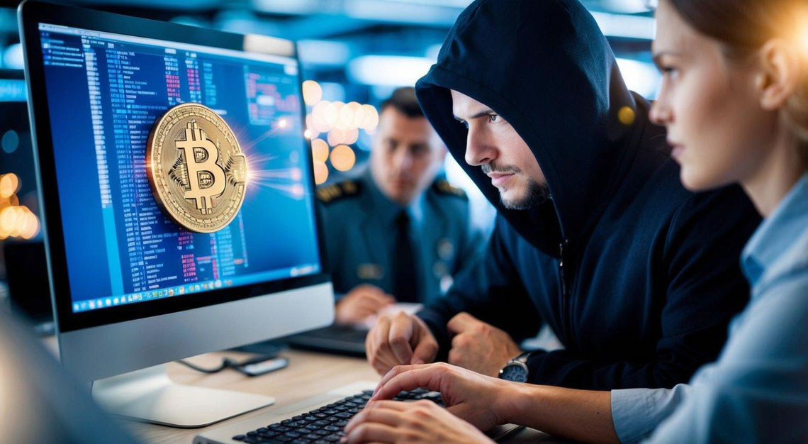A hacker stealing Bitcoin from a computer while authorities monitor the transaction