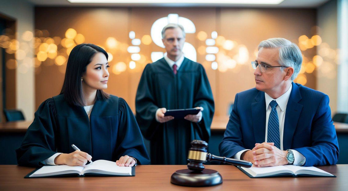 A courtroom with a defense attorney and judge, with a digital currency symbol in the background