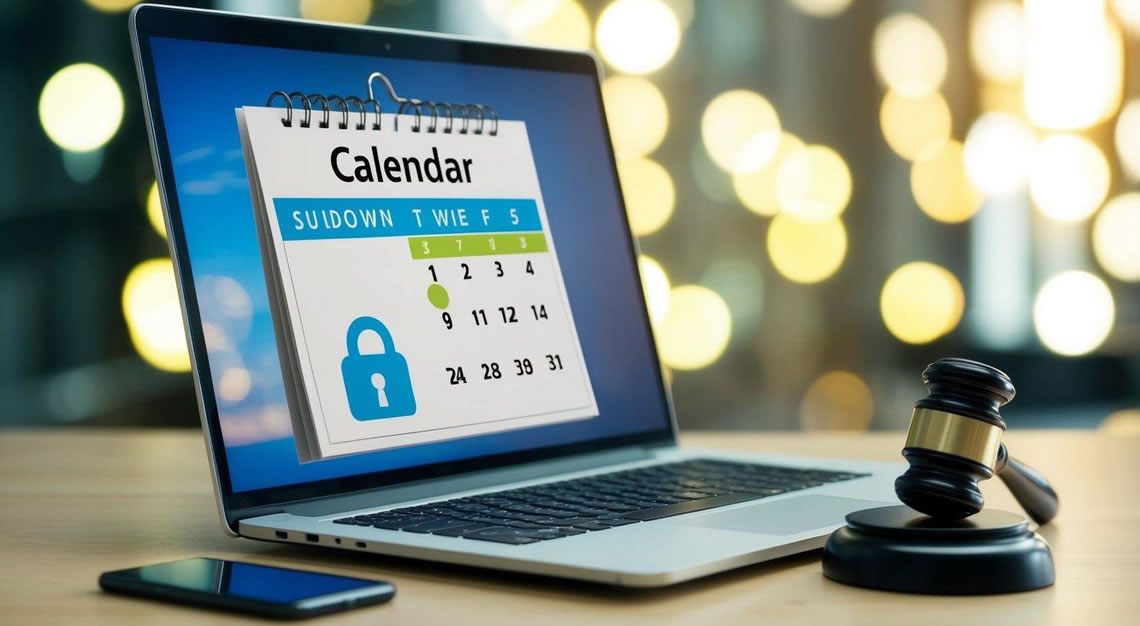 A computer screen displaying a calendar with a countdown timer, a gavel, and a digital lock symbol