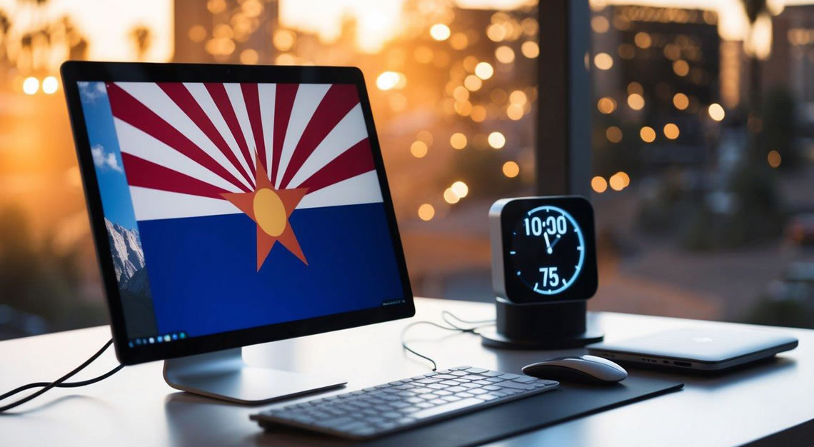 A computer screen displaying the Arizona state flag with a digital clock showing the passage of time