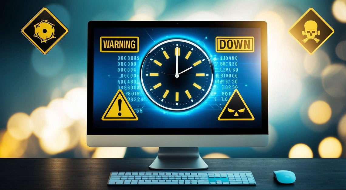 A computer monitor displaying a digital clock counting down, surrounded by ominous warning signs and symbols