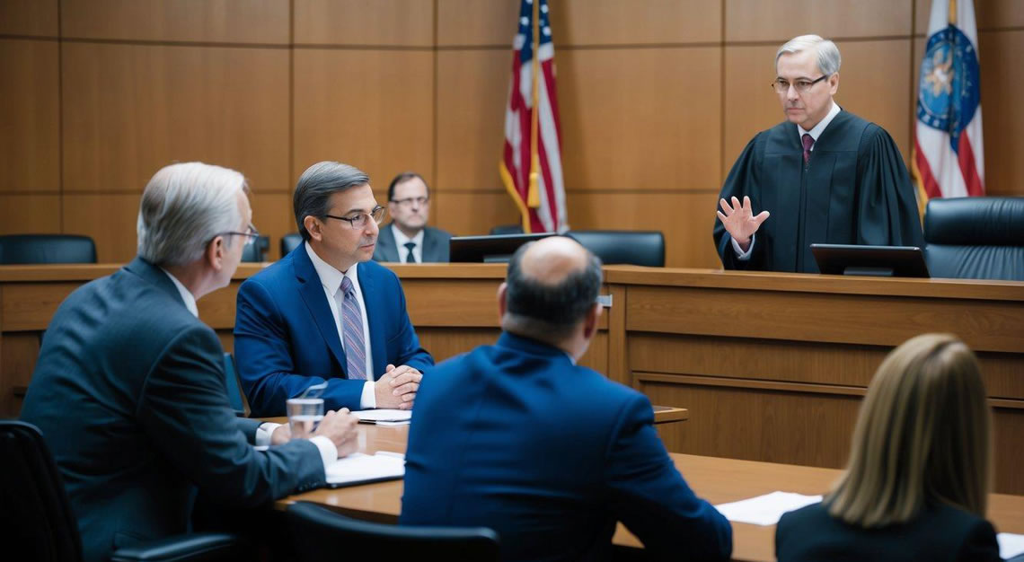 A courtroom with a judge and lawyers discussing cyber crime statute of limitations in Arizona